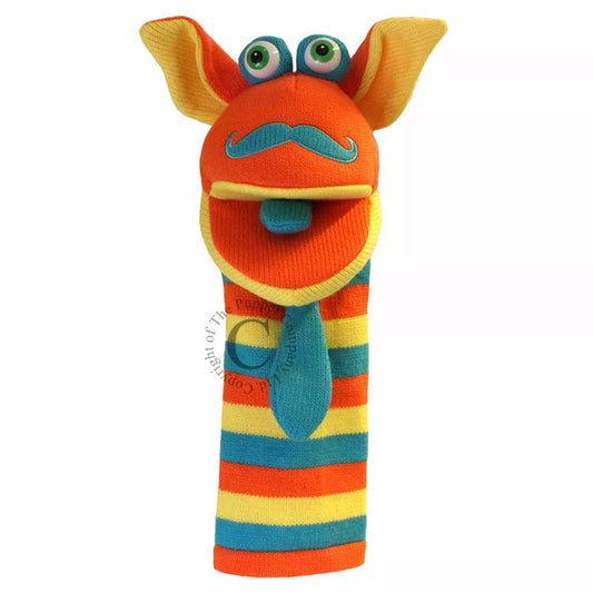 A colourful Sock Puppet named Sockette Mango It’s knitted body is blue, orange and yellow.It has big expressive eyes and is mouth moving.