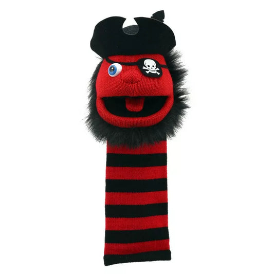 A colourful Sock Puppet named Sockette Puppet Pirate It’s knitted body is red and black. He wears an eye patch and has a black beard.It has big expressive eyes and is mouth moving.