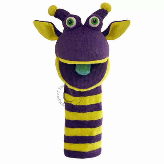 A colourful Sock Puppet named Sockette Puppet Rupert It’s knitted body is purple and yellow.It has big expressive eyes and is mouth moving.