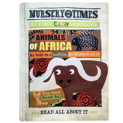 Crinkly Cloth Book African Animals is a soft sensory baby book made of cloth, styled like a newspaper, featuring colorful illustrations and fun facts about African animals such as buffalo, porcupine, and fennec fox—a perfect gift for babies!.