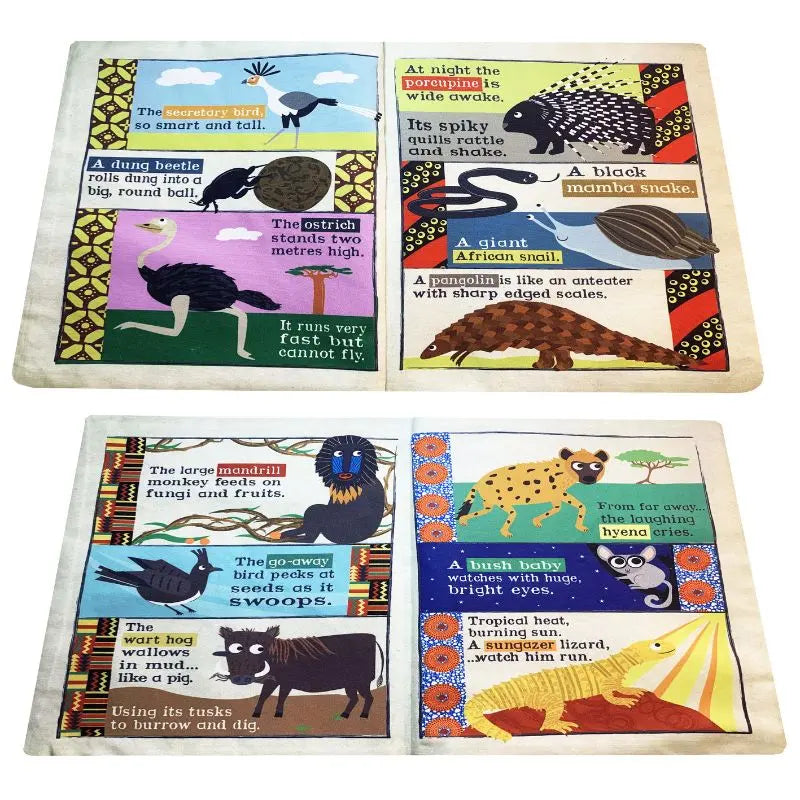The Crinkly Cloth Book African Animals features four illustrated pages with colorful images and brief descriptions of animals like snakeskin bird, ostrich, porcupine, and pangolin—making it a unique sensory gift for babies.