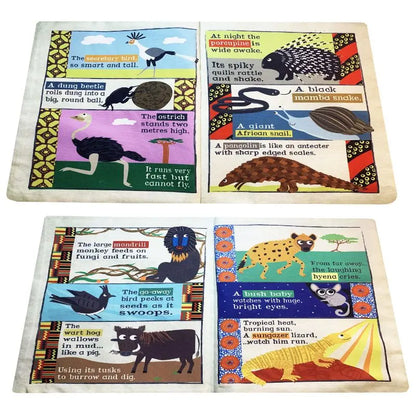 The Crinkly Cloth Book African Animals features four illustrated pages with colorful images and brief descriptions of animals like snakeskin bird, ostrich, porcupine, and pangolin—making it a unique sensory gift for babies.