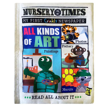 Crinkly Cloth Book All Kinds of Art" is a colorful sensory baby book featuring cartoon images of a turtle painting, tiger with pottery, monkey taking photos, and cat painting murals—an ideal gift for babies.