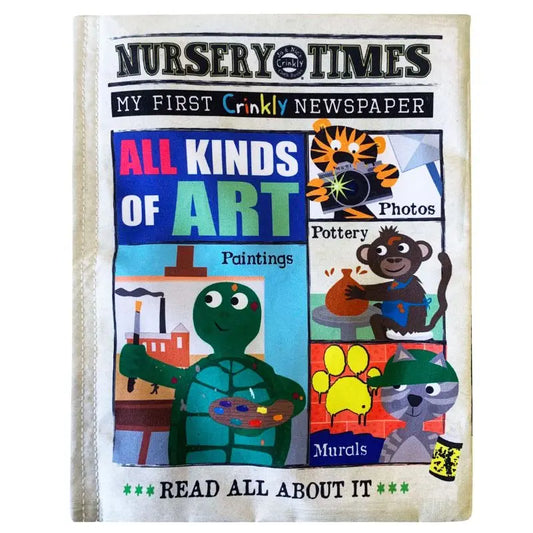 Crinkly Cloth Book All Kinds of Art" is a colorful sensory baby book featuring cartoon images of a turtle painting, tiger with pottery, monkey taking photos, and cat painting murals—an ideal gift for babies.