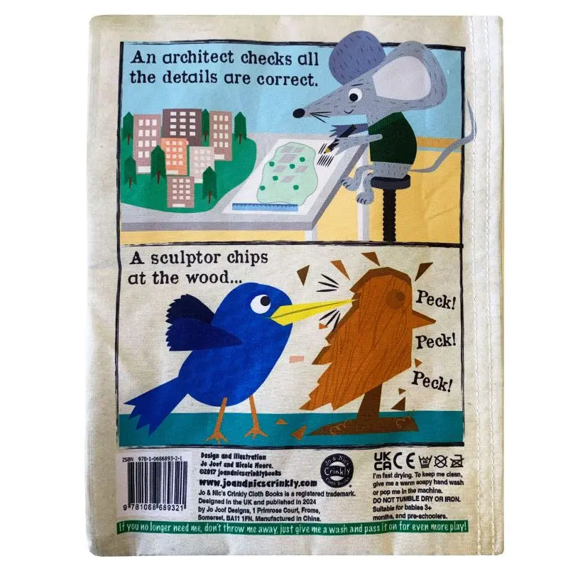 The Crinkly Cloth Book All Kinds of Art features a mouse architect reviewing plans above a blue bird sculptor carving wood, with text describing their actions—making this sensory book a delightful gift for babies.