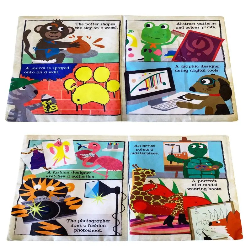Crinkly Cloth Book All Kinds of Art is a vibrant sensory baby book featuring animal artists, like a monkey shaping pottery and a mouse painting. It's the perfect creative gift to inspire and entertain babies.