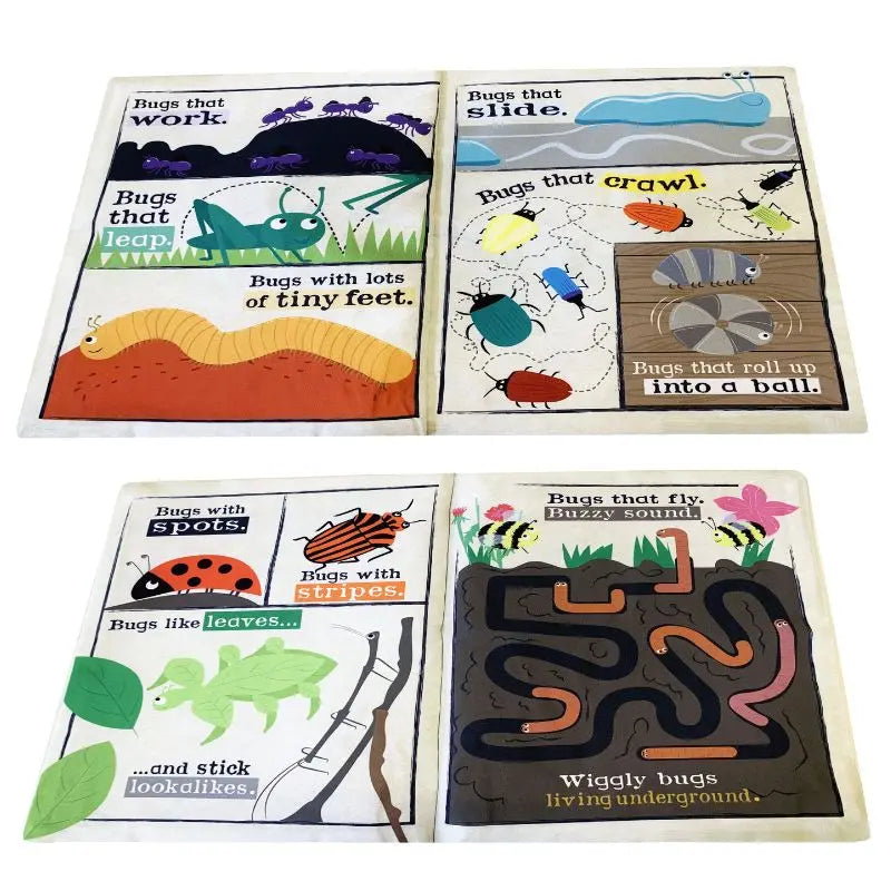 The Crinkly Cloth Book Bugs is a sensory baby book with colorful pages of illustrated insects, worms, leaves, and tunnels, plus playful text about bugs and their movements—a perfect gift for babies.