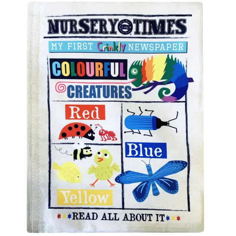 The "Crinkly Cloth Book Colourful Creatures" is a soft sensory baby book with colorful illustrations of creatures like a chameleon, ladybug, beetle, chicks, and dragonfly—each labeled red, blue, or yellow—perfect for little hands.
