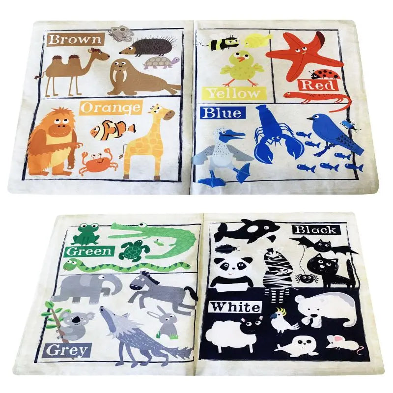 The Crinkly Cloth Book Colourful Creatures sorts animals by color: brown (camel, otter), orange (monster, clownfish), yellow (duck), blue (penguin, whale), red (starfish), green (crocodile, snake), grey (wolf), black (cat), and white (mouse).