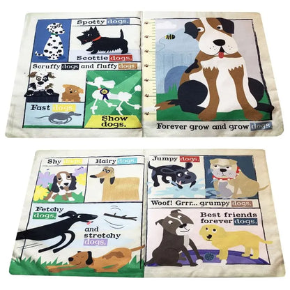 The Crinkly Cloth Book Just Dogs is a colorful sensory baby book featuring illustrations of various dog breeds with labels like “Spotty dogs,” “Scottie dogs,” and phrases such as “Best friends forever dogs.”.