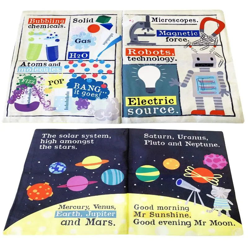 Two open Crinkly Cloth Book Science Museum baby books. The top features colorful science themes—chemicals, gas, robots, microscopes. The bottom explores planets and stars, naming them and greeting the sun and moon—a perfect science gift for babies.