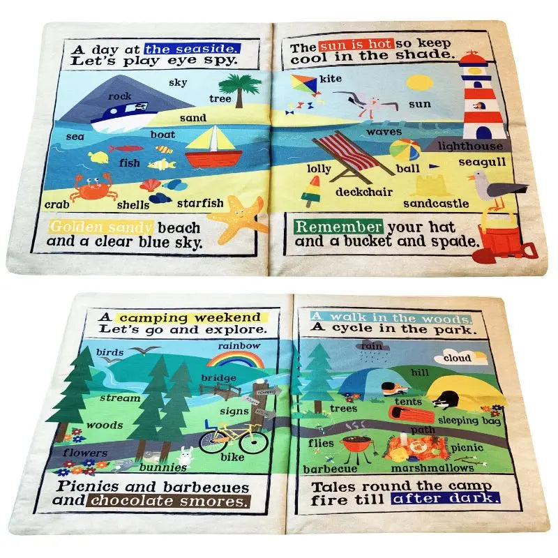 The Crinkly Cloth Book Summer features two illustrated pages with colorful beach and camping scenes, labeled objects, and rhyming text—an engaging sensory cloth book that makes a unique gift for babies to explore.