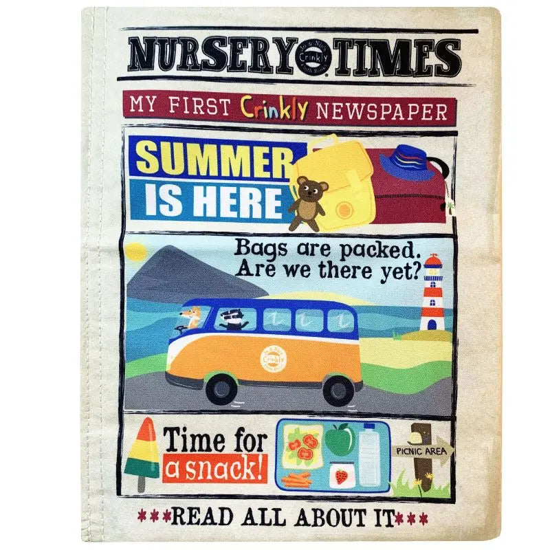 Crinkly Cloth Book Summer is a colorful fabric baby newspaper with headlines like "SUMMER IS HERE," featuring a van, lighthouse, backpack, bear, and picnic lunch—an engaging sensory book and unique gift for babies.