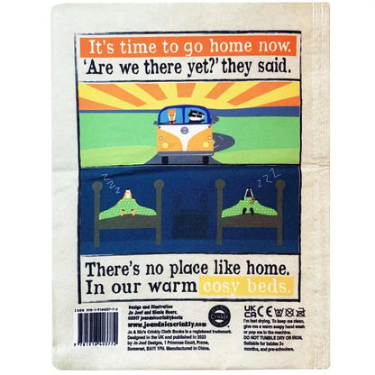 A cartoon shows a family in a yellow van at sunset: "It's time to go home now. 'Are we there yet?' they said." Below, two kids sleep in beds: "There's no place like home." Crinkly Cloth Book Summer makes a unique gift for cosy baby dreams.