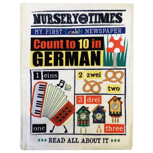 The Crinkly Cloth Book Count To 10 In German is a sensory soft book with numbers, English and German words, and colorful images such as accordions and cuckoo clocks to help children learn to count in German.