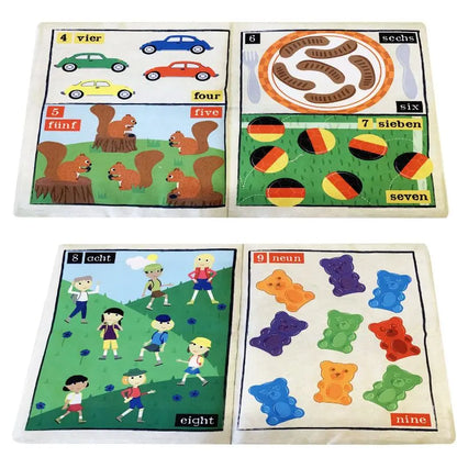 The Crinkly Cloth Book Count To 10 In German showcases numbers 4-9 in English and German with playful images—cars, squirrels, sausages, soccer balls, kids, and gummy bears—making counting fun in this sensory soft book.