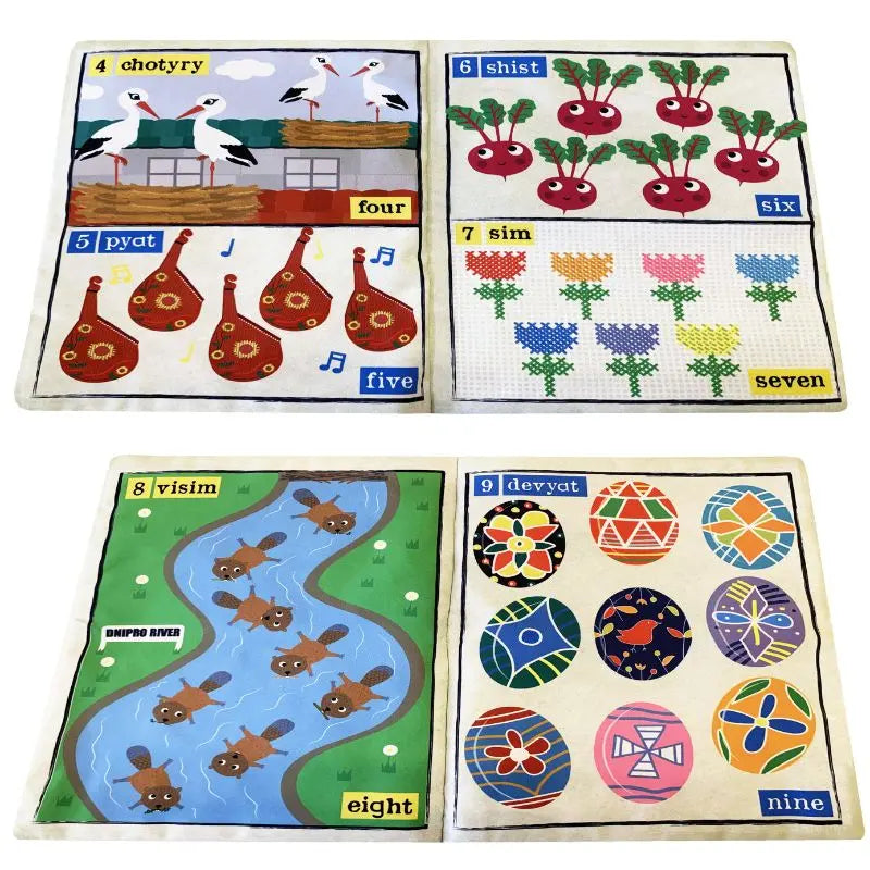 The Crinkly Cloth Book Count To 10 In Ukrainian features numbers four to nine with matching objects like storks and radishes, each clearly labeled—ideal for sensory play in a vibrant, interactive baby book.