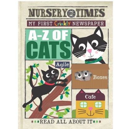 Crinkly Cloth Book A-Z of Cats: This sensory baby book features illustrated cats, including one labeled "Agile" hanging from a tree, one in a box, and one in a cafe scene.