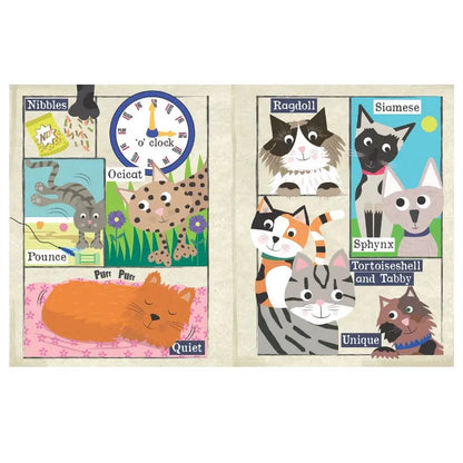 The Crinkly Cloth Book A-Z of Cats features illustrated pages with labeled cat breeds, a clock, a toy mouse, and a sleeping orange cat marked “Quiet,” engaging babies with its playful and sensory-rich design.