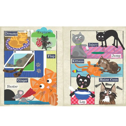 The Crinkly Cloth Book A-Z of Cats features illustrated pages with playful cartoon cats and kittens labeled "Dreamy," "Explorer," and more—making it a fun sensory baby book perfect for little hands.