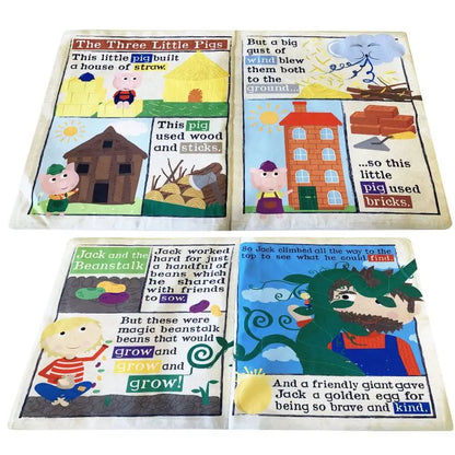 Four colorful pages in the Crinkly Cloth Book Three Little Tales feature scenes from "The Three Little Pigs" and "Jack and the Beanstalk," with cartoon characters—a sensory baby book and charming nursery gift.