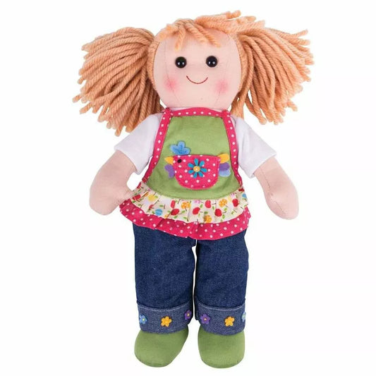 Bigjigs Sophia Doll Medium with blonde hair wearing overalls and a green shirt.