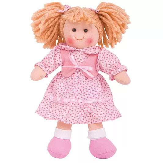 Bigjigs Sophie Doll Small with blonde hair wearing a pink dress.