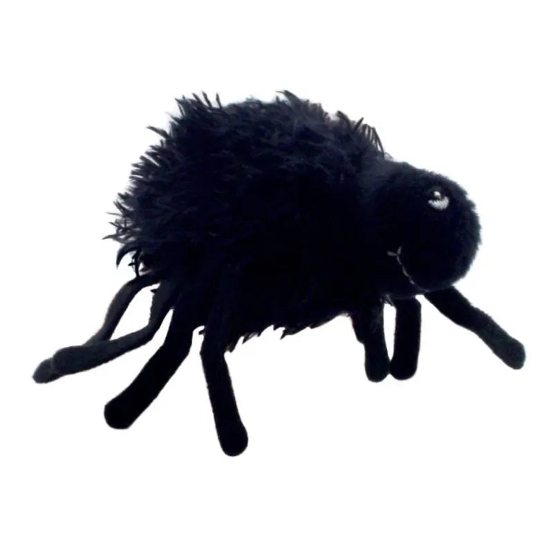 The Puppet Company Finger Puppet Spider Furry features a plush black body and long, soft legs, making it an ideal companion for storytelling adventures against a white background.