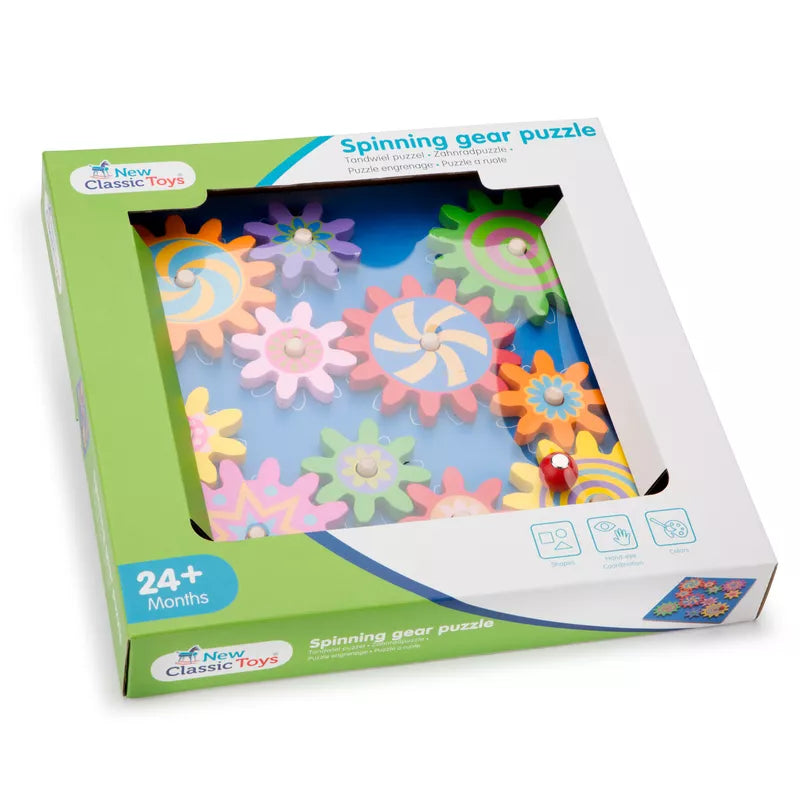 a box with a New Classic Toys Spinning Gear Puzzle inside of it.