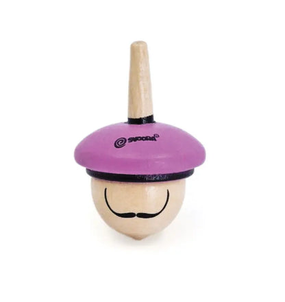 Wooden Spinning Top The Artist: A painted wooden toy with a black mustache and purple hat. Its pointed handle promotes fine motor skills for children. The top half is purple with a black band, making playtime creative and fun.