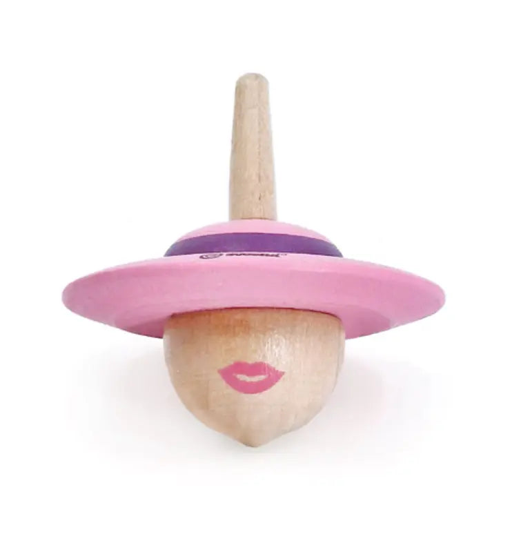 The Lady wooden spinning top, featuring a face with pink lips and a wide-brimmed pink hat, is perfect for helping children develop fine motor skills. Shown from the front against a white background.