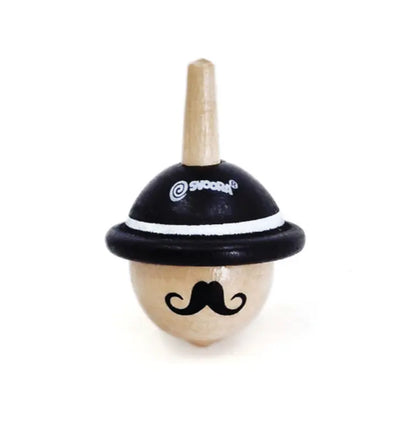 The Sir is a wooden spinning top featuring a painted black hat, mustache, white accents, and natural wood finish—ideal for helping children develop fine motor skills. Shown upright on a white background.