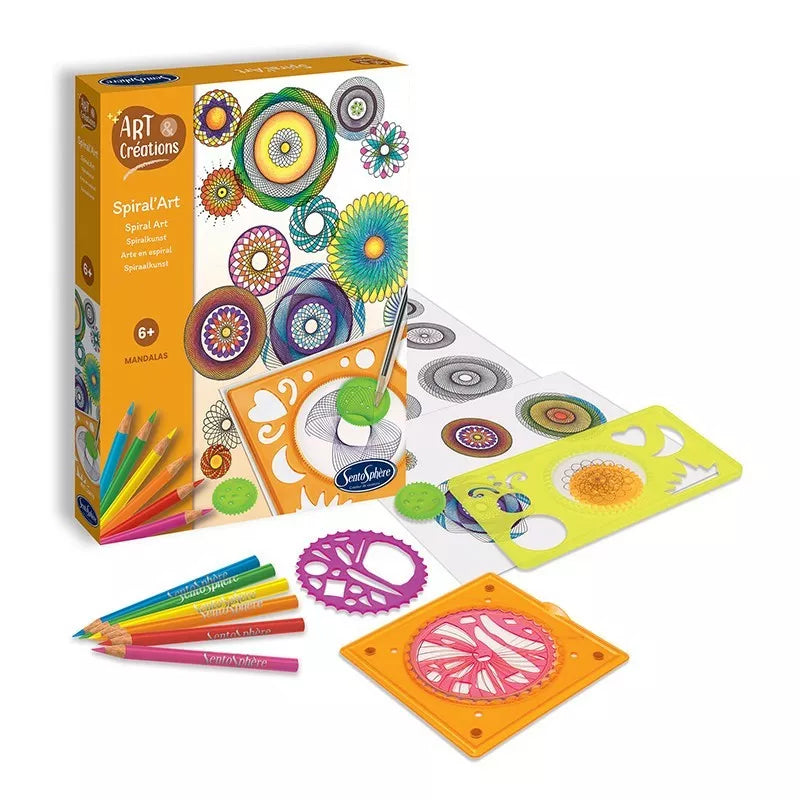 A Sentosphere Spiral’Art set of colored pencils and a Sentosphere Spiral’Art box of colored pencils for creating mandalas.