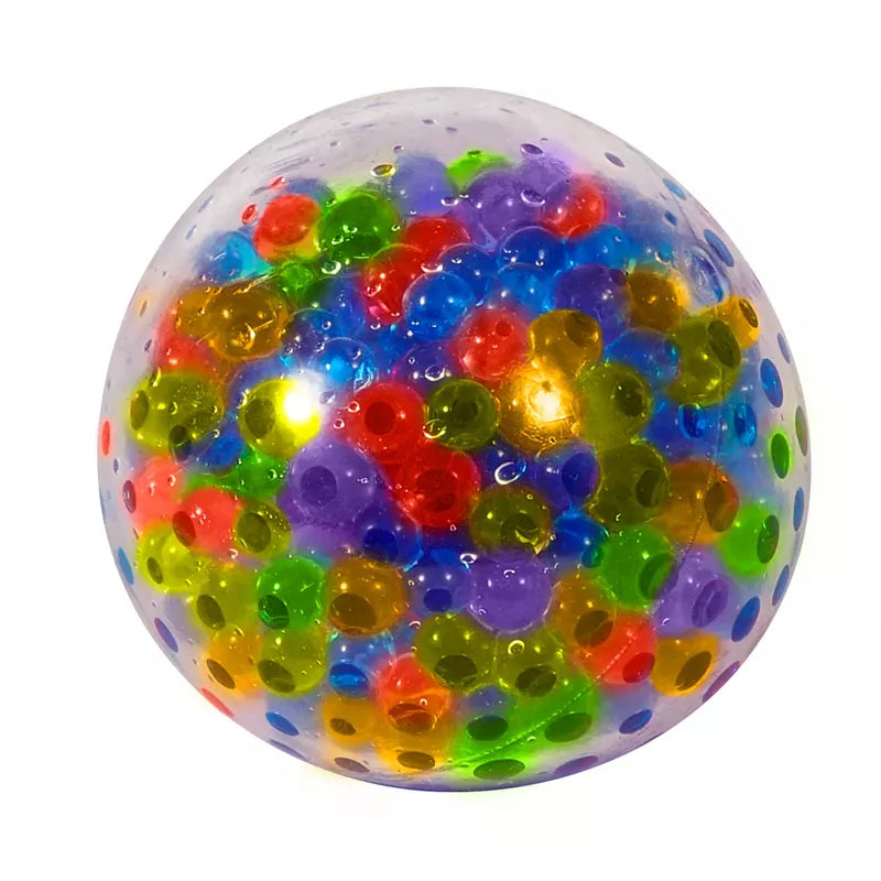 A Squeezy Peezy NeeDoh filled with colorful water beads creating a vibrant mosaic of rainbow hues.