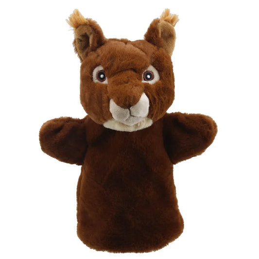 A plush hand puppet designed to look like a brown squirrel with a fluffy tail, featuring bright eyes and small ears, made from recycled materials, isolated on a white background (ECO Puppet Buddies Squirrel Hand Puppet).