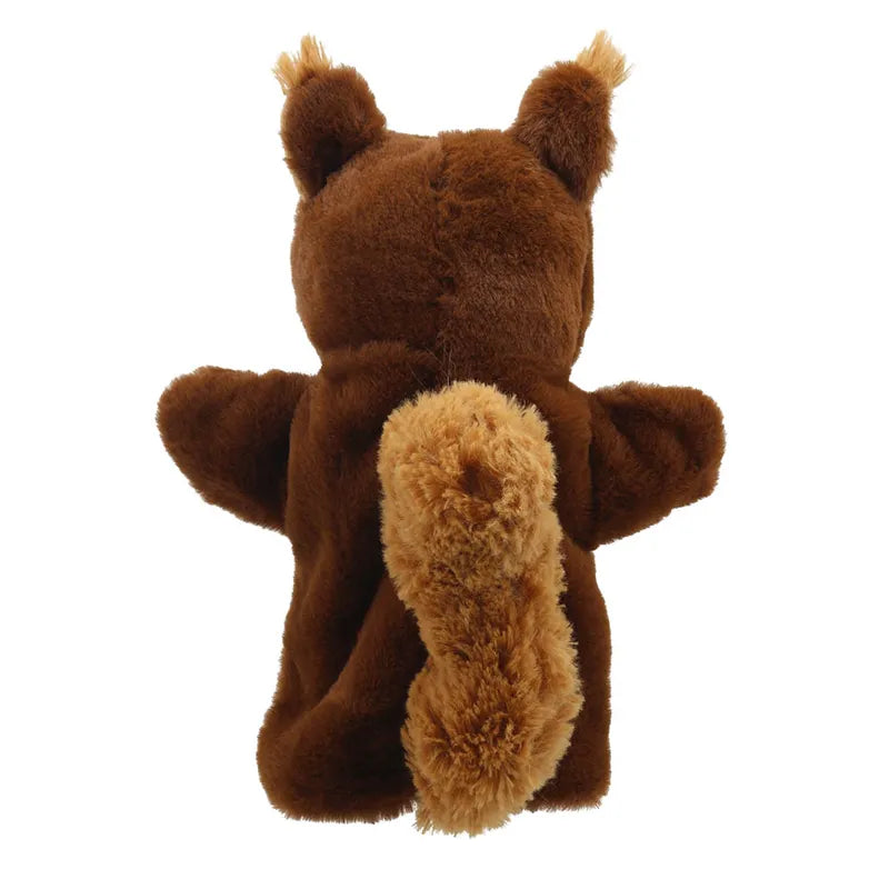 A plush ECO Puppet Buddies Squirrel Hand Puppet viewed from the back, made from recycled materials, featuring a rich brown color with distinctive lighter brown patches on the inner ears and tail.