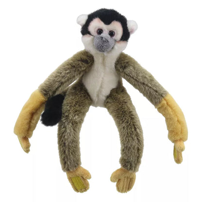 A plush toy of a Squirrel Monkey Canopy Climber with long arms and legs, featuring a white face with black eyes and a brown and yellow body, perfect for canopy climber creative play.
