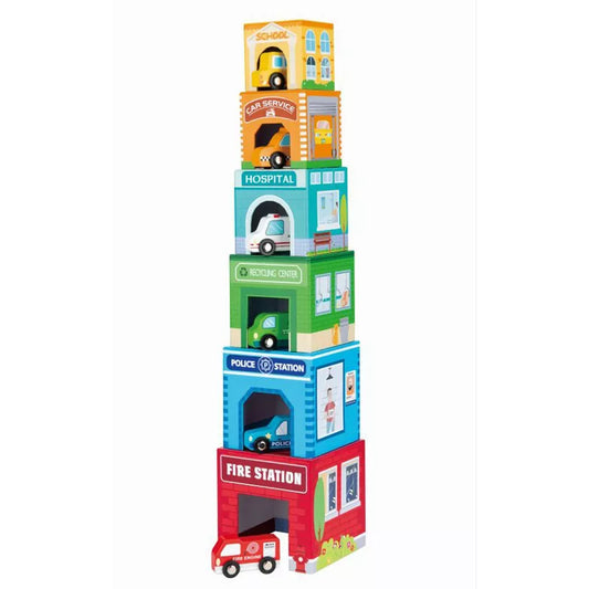 A New Classic Toys Stacking Cubes with 6 Vehicles with a fire truck stacked on top.