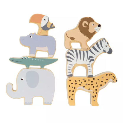 A group of Stacking Wooden Animals Safari sitting on top of each other.