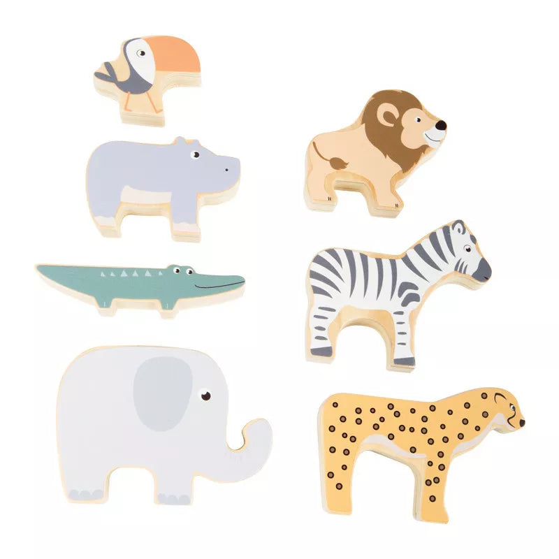 A group of Stacking Wooden Animals Safari on a white background.