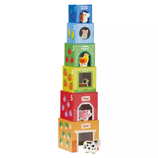 A stack of New Classic Toys Stacking Cubes with 6 Farm Friends.
