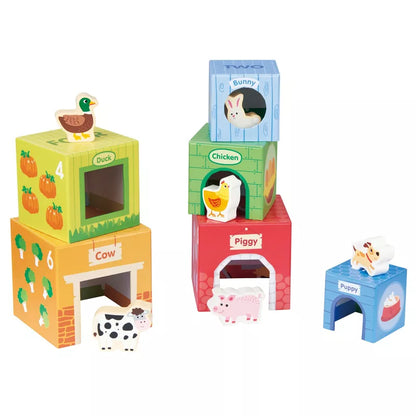 A group of New Classic Toys Stacking Cubes with 6 Farm Friends sitting on top of each other.