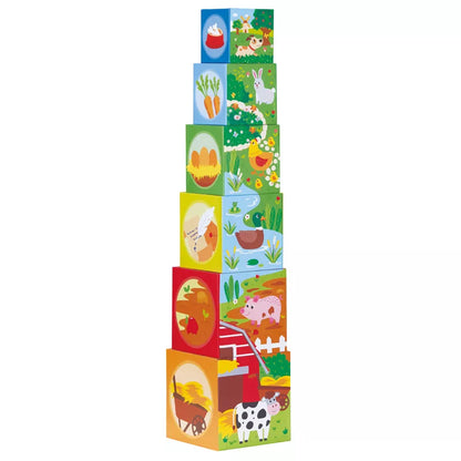 A tall tower of New Classic Toys Stacking Cubes with 6 Farm Friends on them.