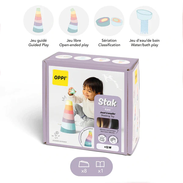 A sensory toy featuring a picture of a child, designed to enhance fine motor skills. Perfect for stacking! Introducing the Stak Baby Toy
