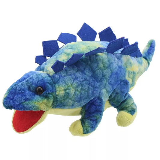 A Dinosaur Hand Puppet, shaped like a Baby Stegosaurus, mouth moving.