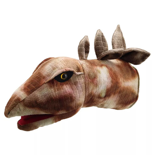 A toy stuffed animal with antlers and horns. Product Name: The Puppet Company Large Dino Head Stegosaurus