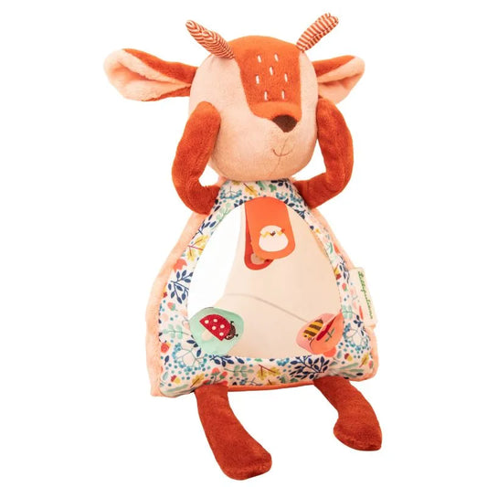 The Lilliputiens I'm Discovering Stella Peekaboo Mirror is an orange plush kangaroo baby toy with patterned fabric on its belly and a small mirror. It sits upright with colorful patch designs on ears and feet, making it a perfect first toy or gift for little explorers!.