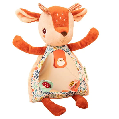 The Lilliputiens I'm Discovering Stella Peekaboo Mirror is a delightful plush deer toy, ideal for a baby's first gift. It features an orange and beige color scheme, embroidered details, patterned belly, small hanging toys like a bird and bee, and an open pose for a warm welcome.