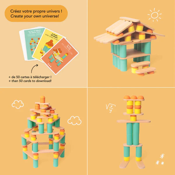 A set of pictures showcasing various types of Stix Building Game, promoting fine motor skills development and fostering creativity through the toy.