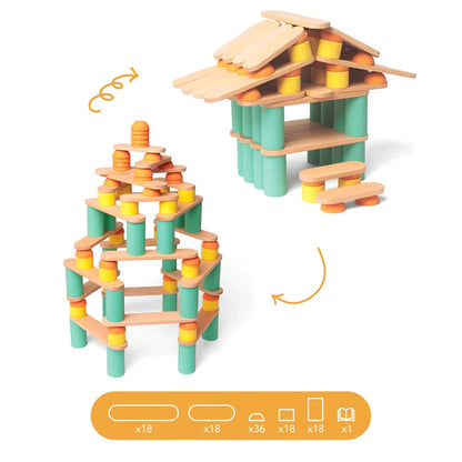 A Stix Building Game that promotes fine motor skills, featuring wooden blocks depicting a house and a tree.